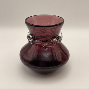 Hand Blown, Small, Amethyst Glass Vase, Clear Ruffled Accent